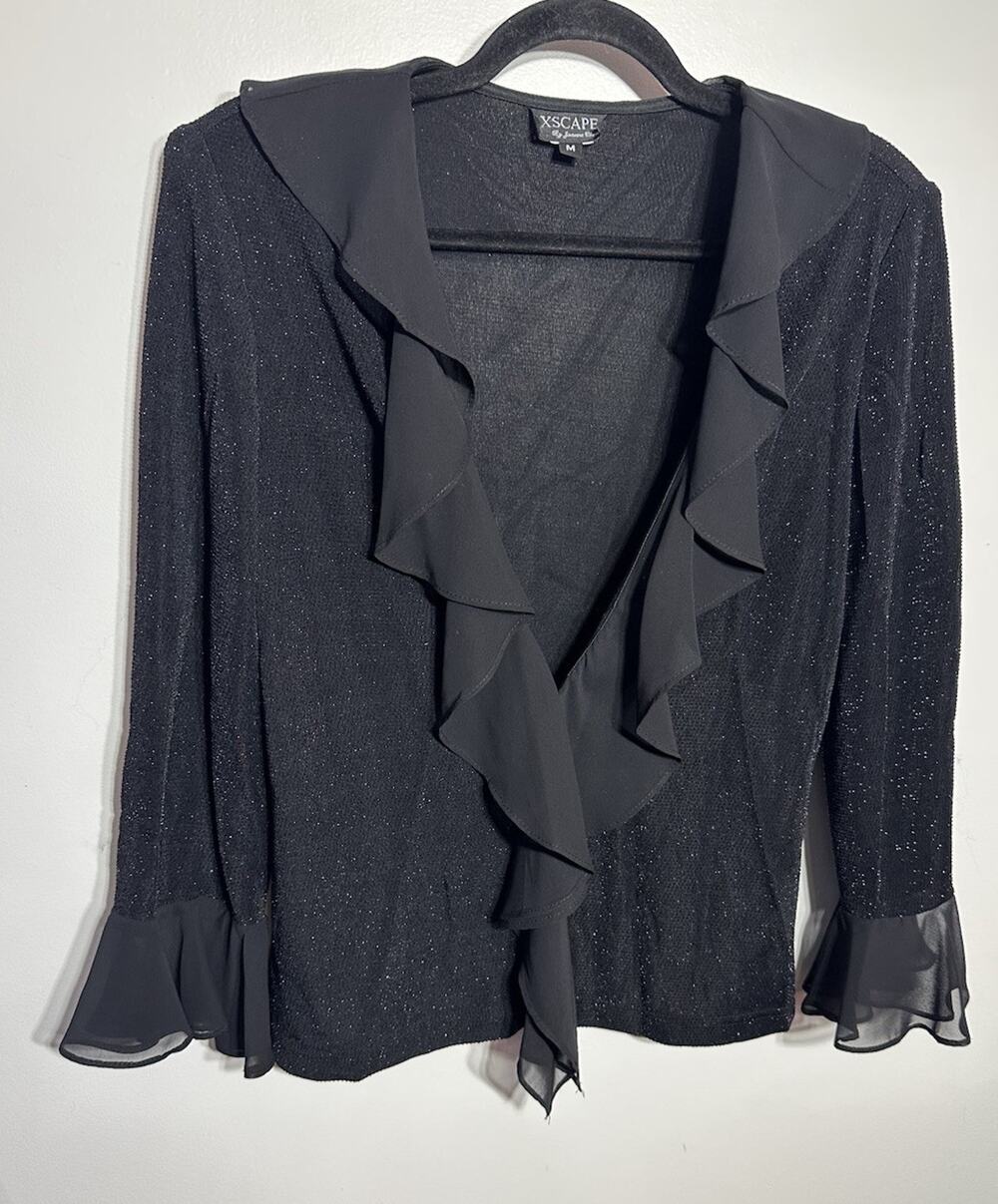XSCAPE Black Shimmer Blouse V-Neck Ruffles Long Sleeve Size Medium Romantic Goth